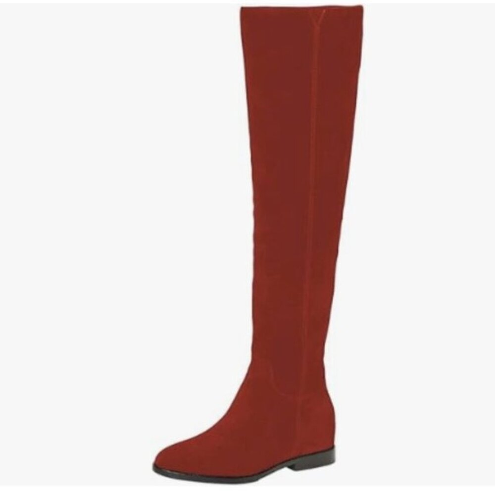 Pazzion Women Almond Toe Knee High Boots with Partial Zipper Stretchy Red Shoes